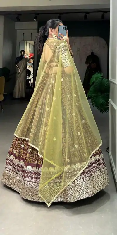 Grand Burgundy Color Chinon Digital Printed Embroidery Lehenga Choli