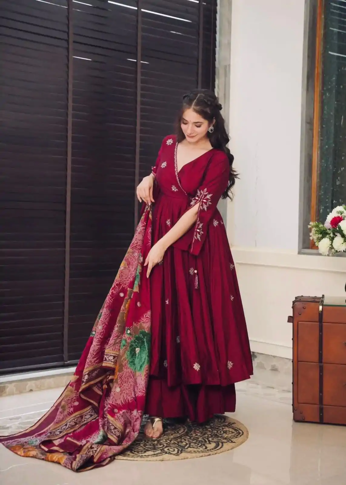 Grand Maroon Color Chinnon Silk Embroidery Work Salwar Suit