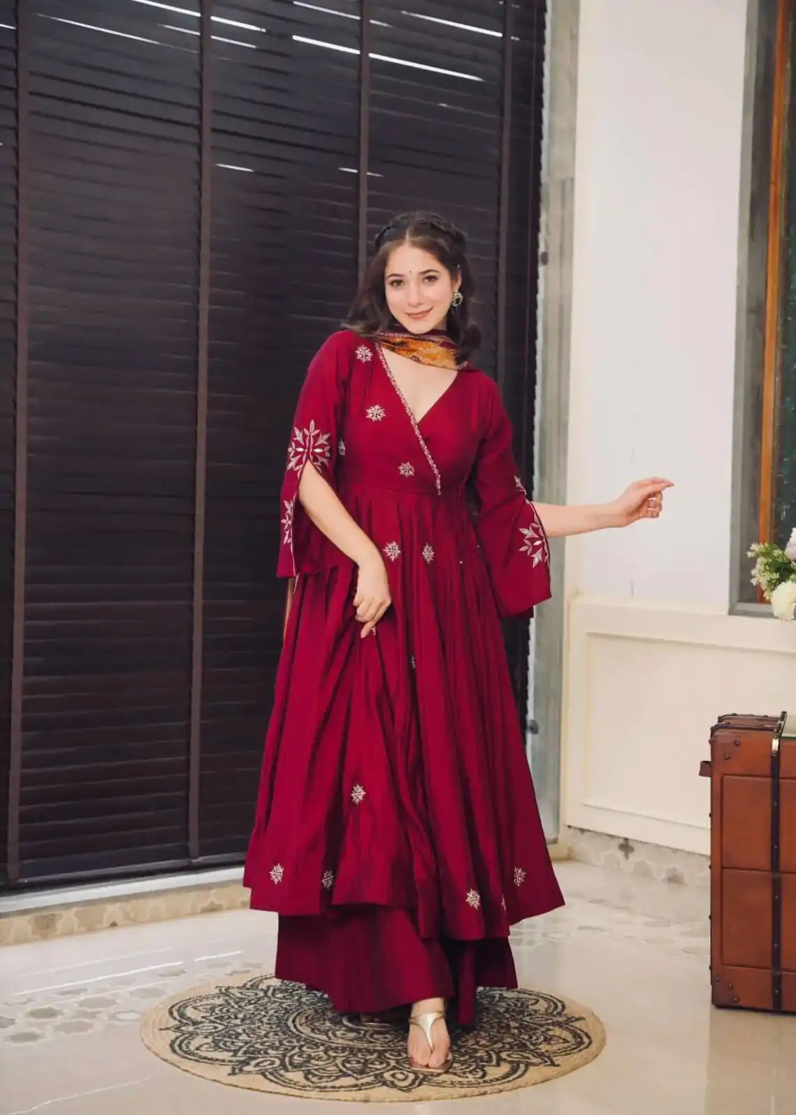 Grand Maroon Color Chinnon Silk Embroidery Work Salwar Suit