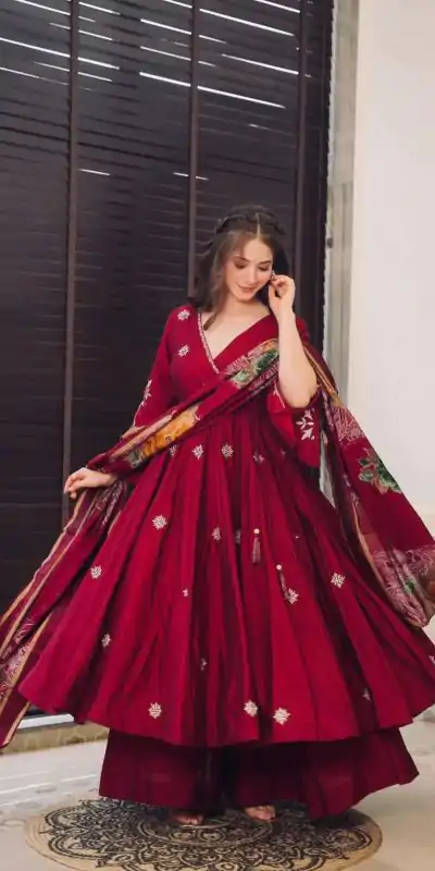 Grand Maroon Color Chinnon Silk Embroidery Work Salwar Suit