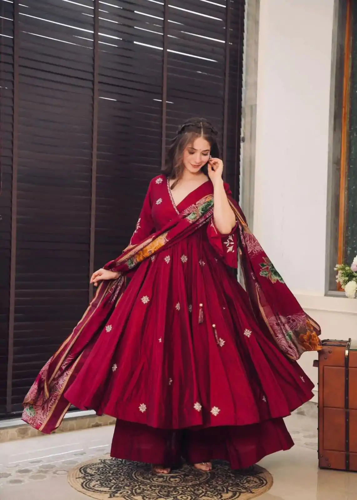 Grand Maroon Color Chinnon Silk Embroidery Work Salwar Suit