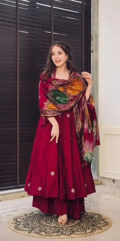Grand Maroon Color Chinnon Silk Embroidery Work Salwar Suit