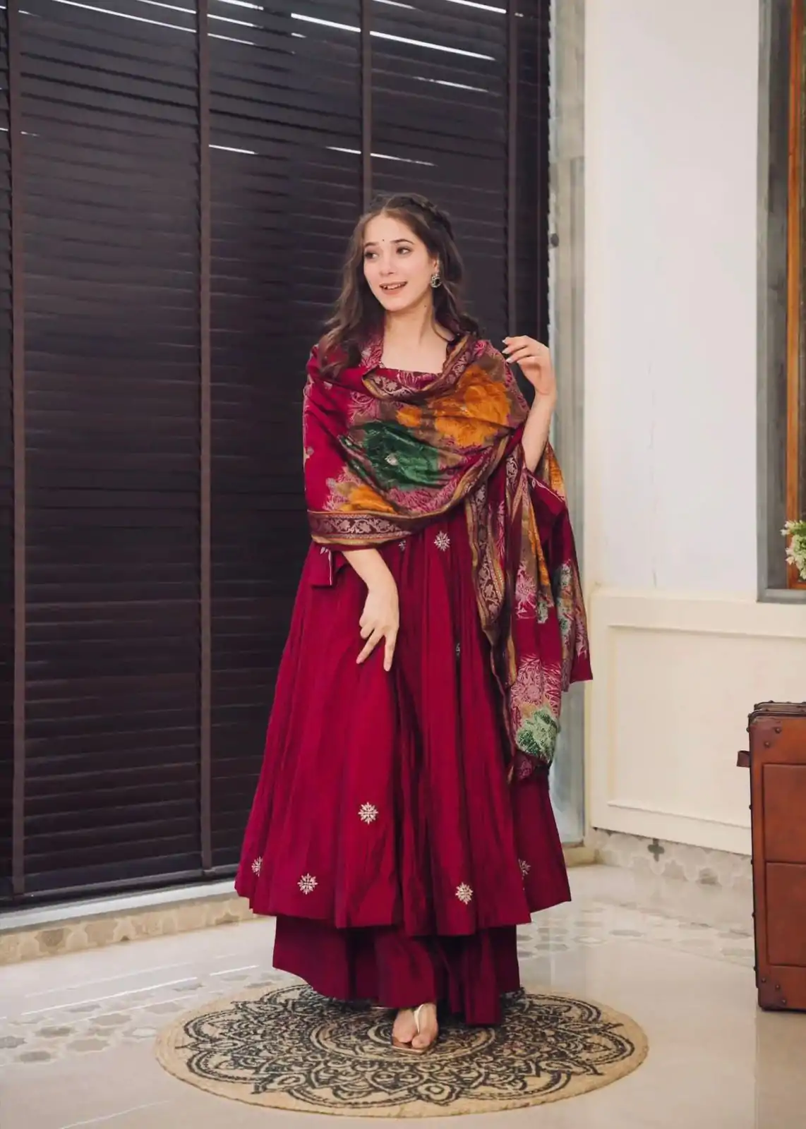 Grand Maroon Color Chinnon Silk Embroidery Work Salwar Suit