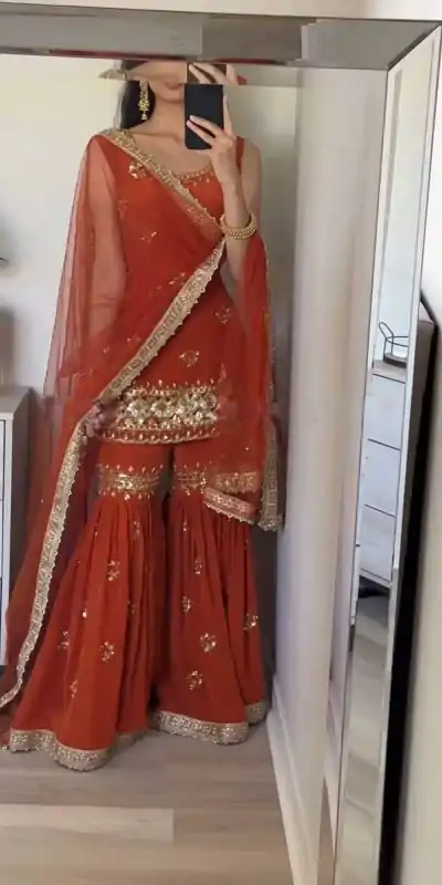 Luminous Brown Color Georgette Embroidery Sequence Salwar Suit