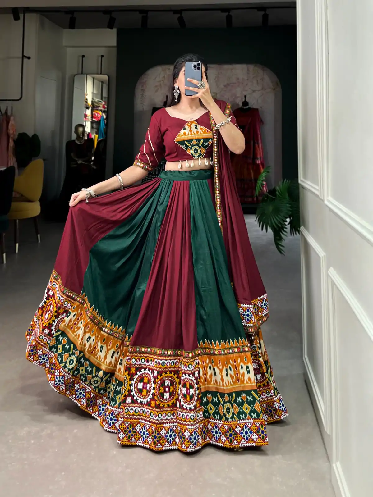 Majestic Maroon Color Rayon Printed Silk Work Lehenga Choli