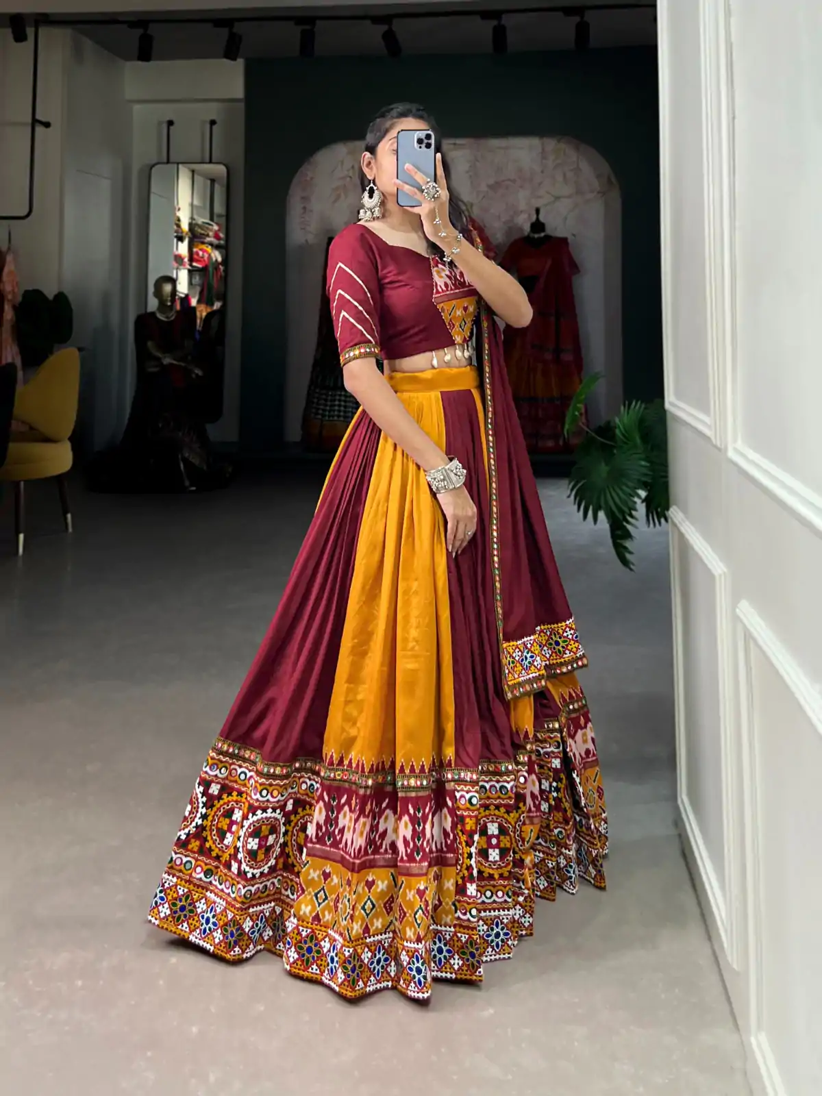Majestic Mustard Color Rayon Printed Silk Work Lehenga Choli