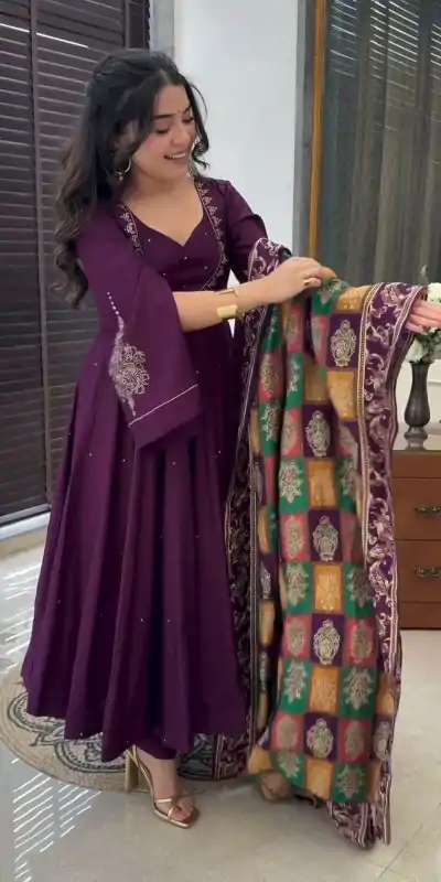 Peaceful Purple Color Chinnon Silk Embroidery Work Salwar Suit
