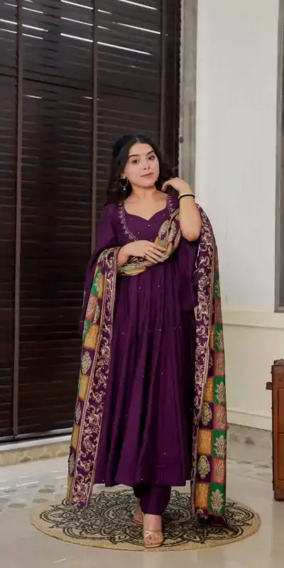 Peaceful Purple Color Chinnon Silk Embroidery Work Salwar Suit