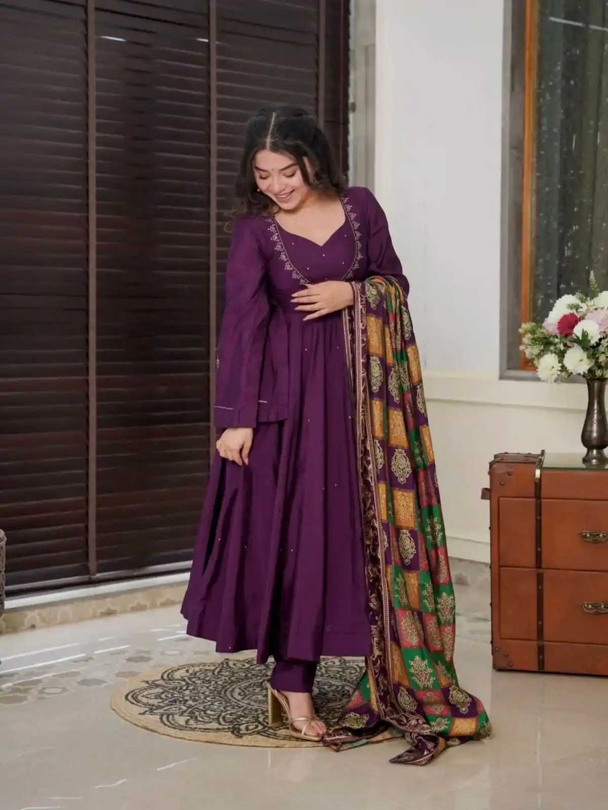 Peaceful Purple Color Chinnon Silk Embroidery Work Salwar Suit