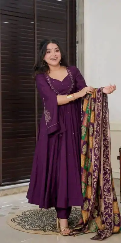 Peaceful Purple Color Chinnon Silk Embroidery Work Salwar Suit
