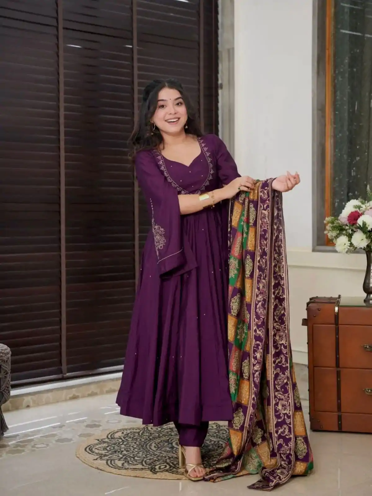 Peaceful Purple Color Chinnon Silk Embroidery Work Salwar Suit