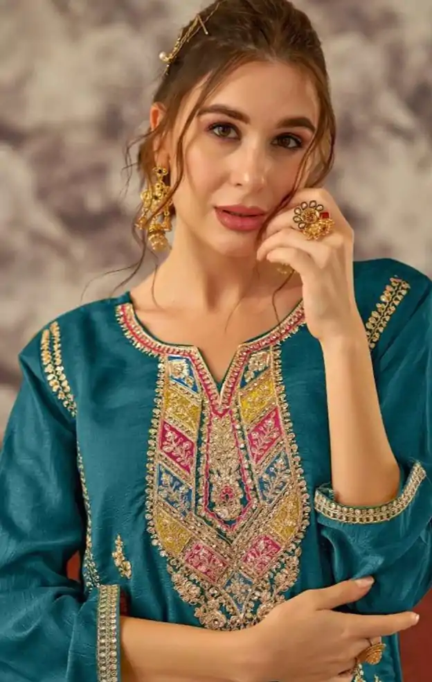 Pretty Blue Vichitra Embroidery Codding Sequence Salwar Suit