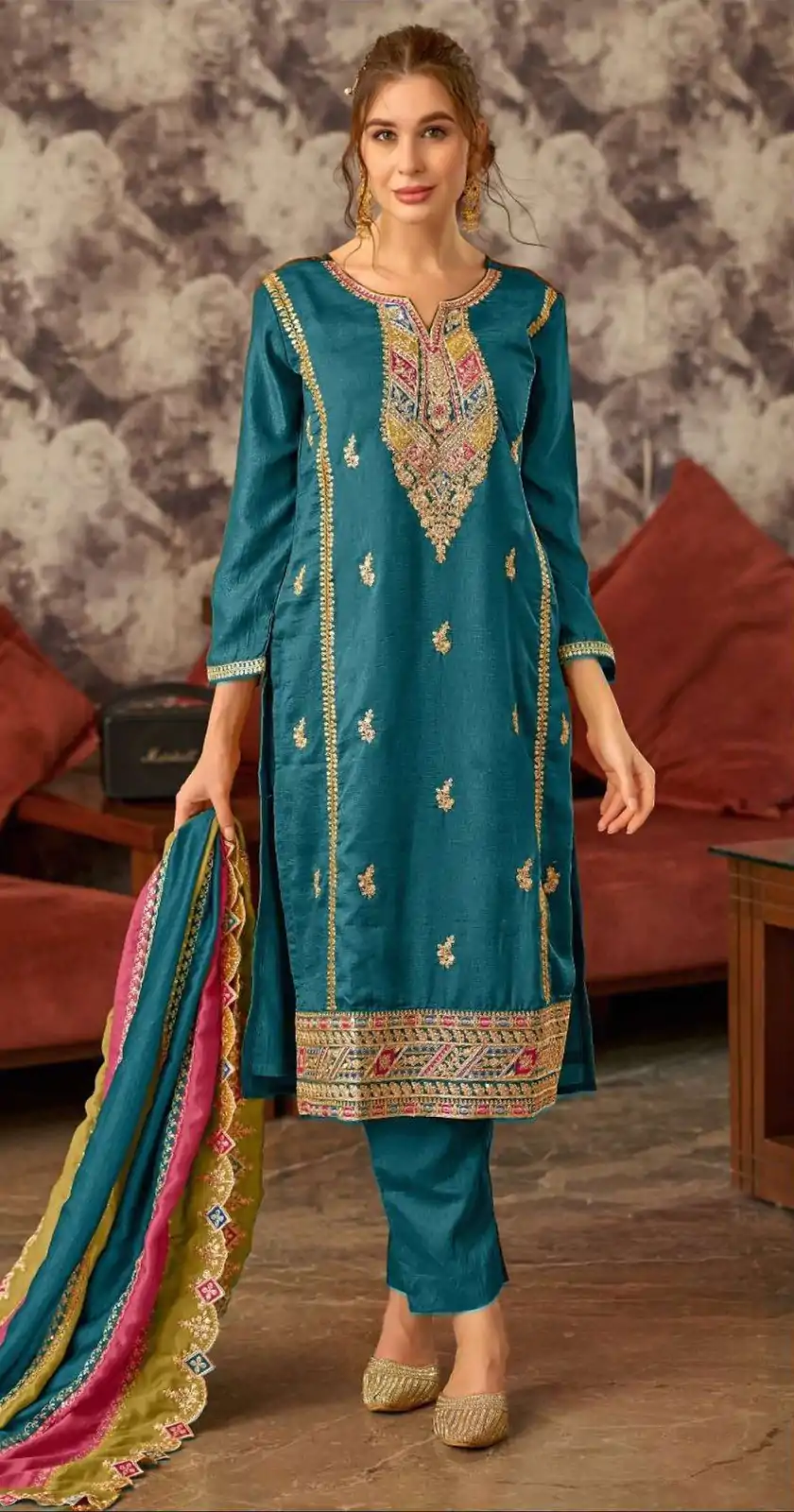 Pretty Blue Vichitra Embroidery Codding Sequence Salwar Suit