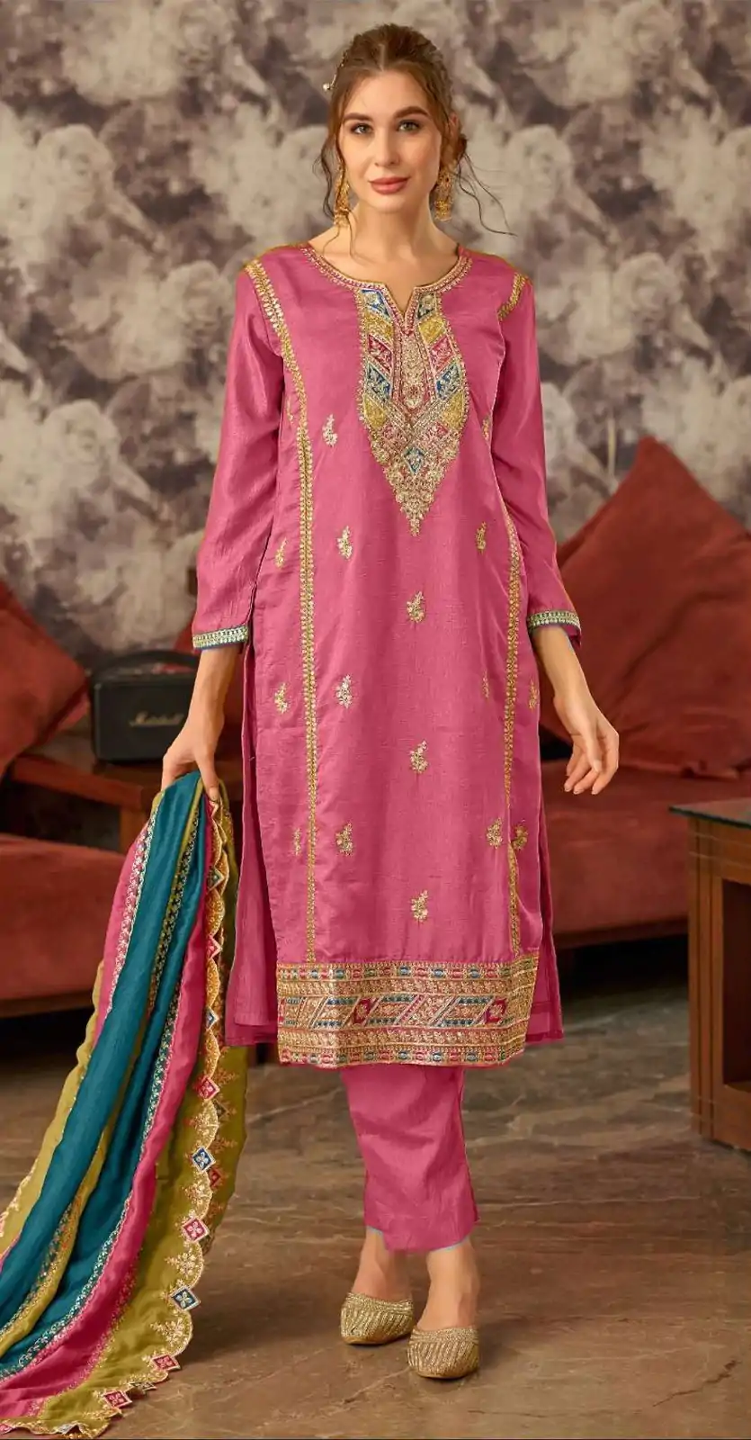 Pretty Pink Vichitra Embroidery Codding Sequence Salwar Suit