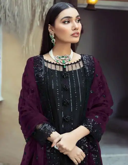 Special Black & Purple Georgette Embroidery Work Salwar Suit