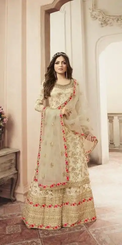 Special Cream Color Jacquard Silk Georgette Diamond Sharara Suit