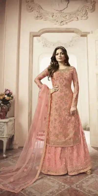 Special Peach Color Jacquard Silk Georgette Diamond Sharara Suit