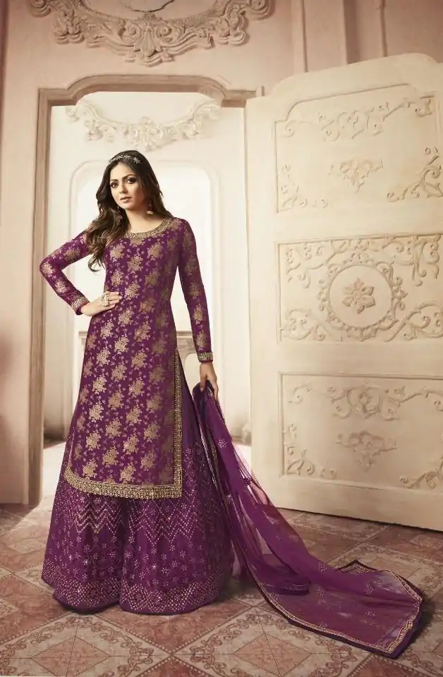 Special Purple Color Jacquard Silk Georgette Diamond Sharara Suit