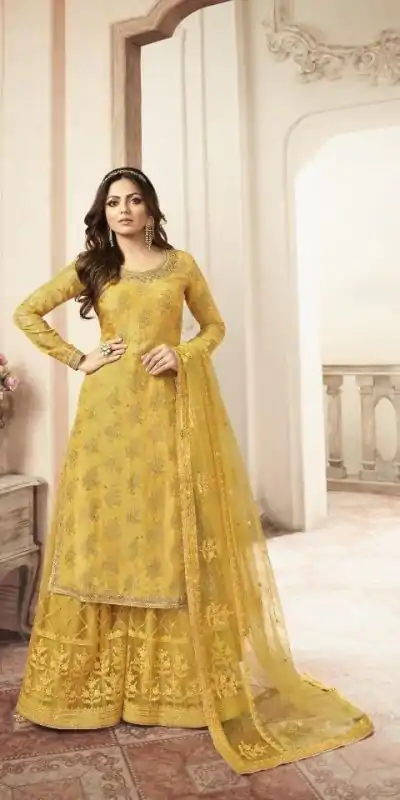 Special Yellow Color Jacquard Silk Georgette Diamond Sharara Suit
