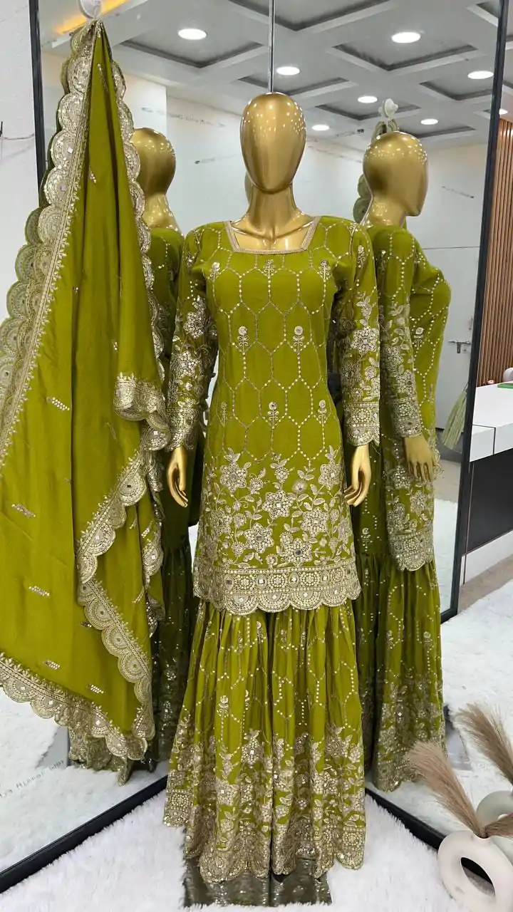 SR 1616 Green Color Heavy Chinnon Silk Embroidery Work Sharara Suit Wedding, Party, Festive, Events Etc. Expected Delivery 4-6 Working Days @2199Only | Salwar suit, Casual Suits, Creative suits, Designer Suits, Palazzo Suits, Party Wear Suits, Straight Suits