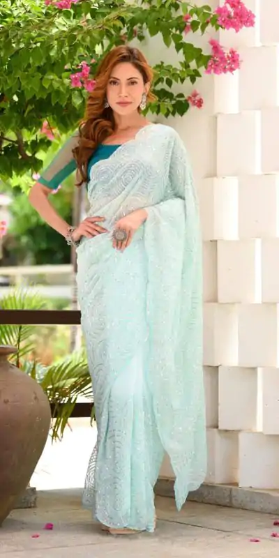 Stylish Light Blue Color Georgette Sequence Work Saree