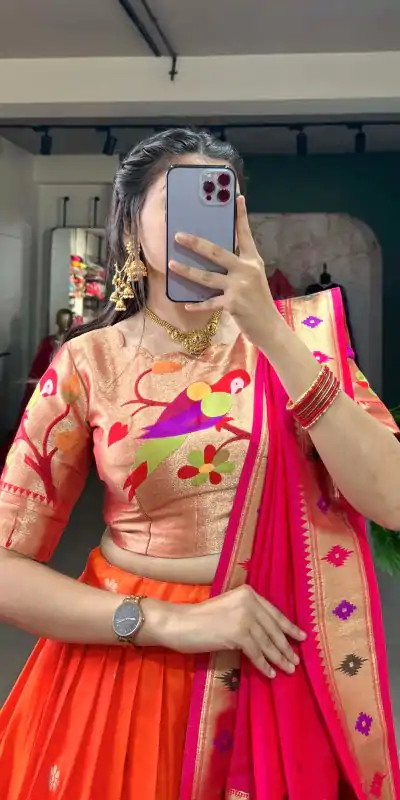 Stylish Orange Color Jacquard Silk Weaving Zari Lehenga Choli