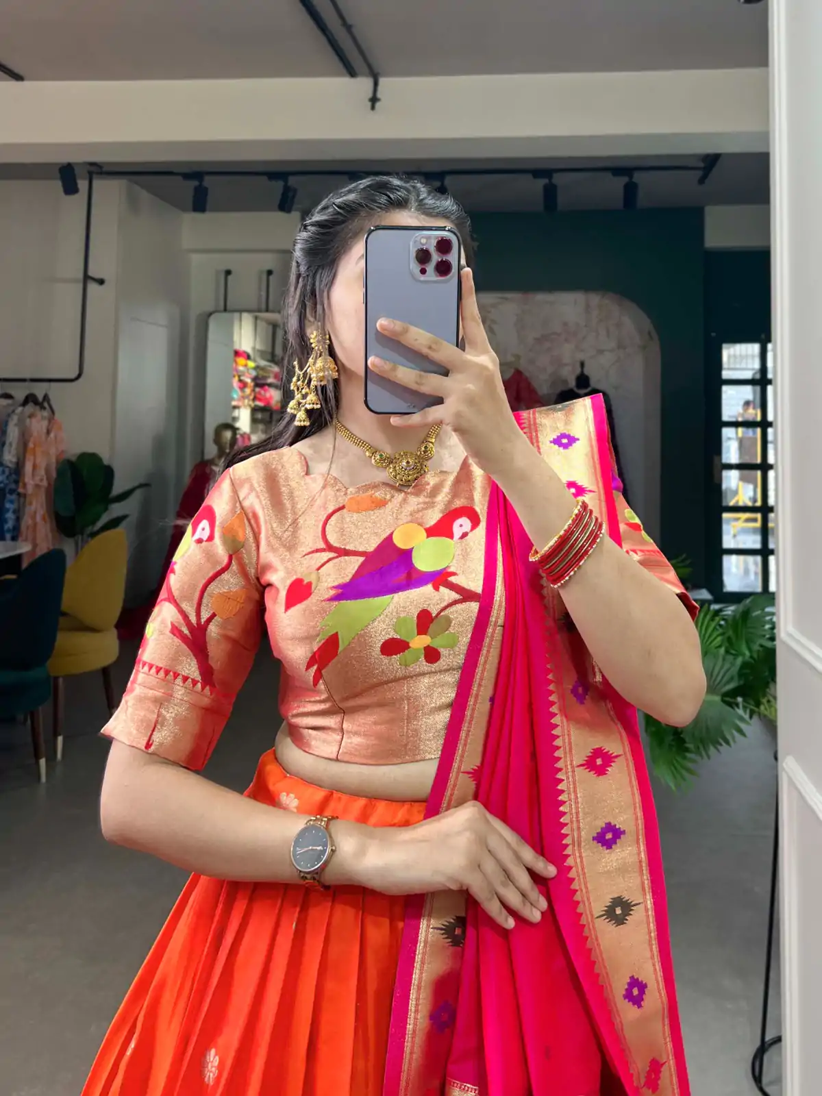 Stylish Orange Color Jacquard Silk Weaving Zari Lehenga Choli