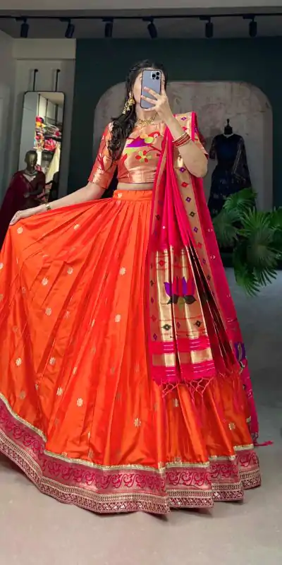Stylish Orange Color Jacquard Silk Weaving Zari Lehenga Choli