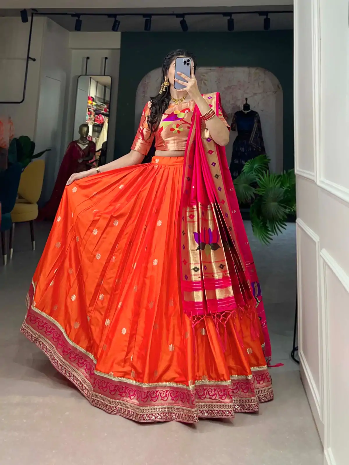 Stylish Orange Color Jacquard Silk Weaving Zari Lehenga Choli