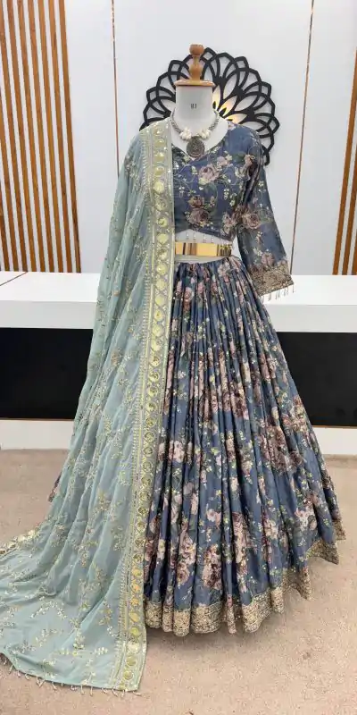 ZSR 3073 Blue Color Chinon Silk Digital Printed Lehenga Choli Wedding, Party, Events Etc. Expected Delivery 4-6 Working Days 2399/- | Lehenga, Bollywood Lehenga, Creative Lehenga, Designer Lehenga, Embroidered Lehenga, Party Wear Lehenga