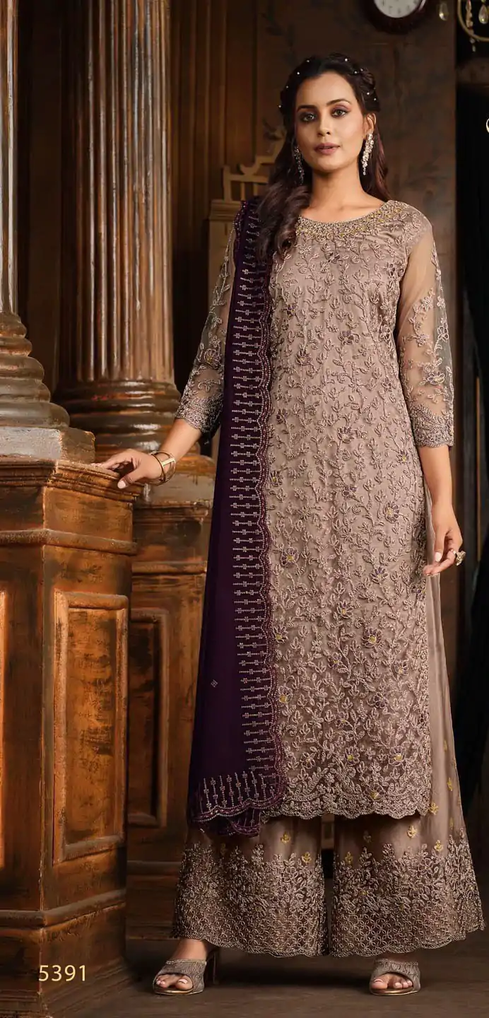 Superb Grey Heavy Net Coding Sequence Embroidery Salwar Suit