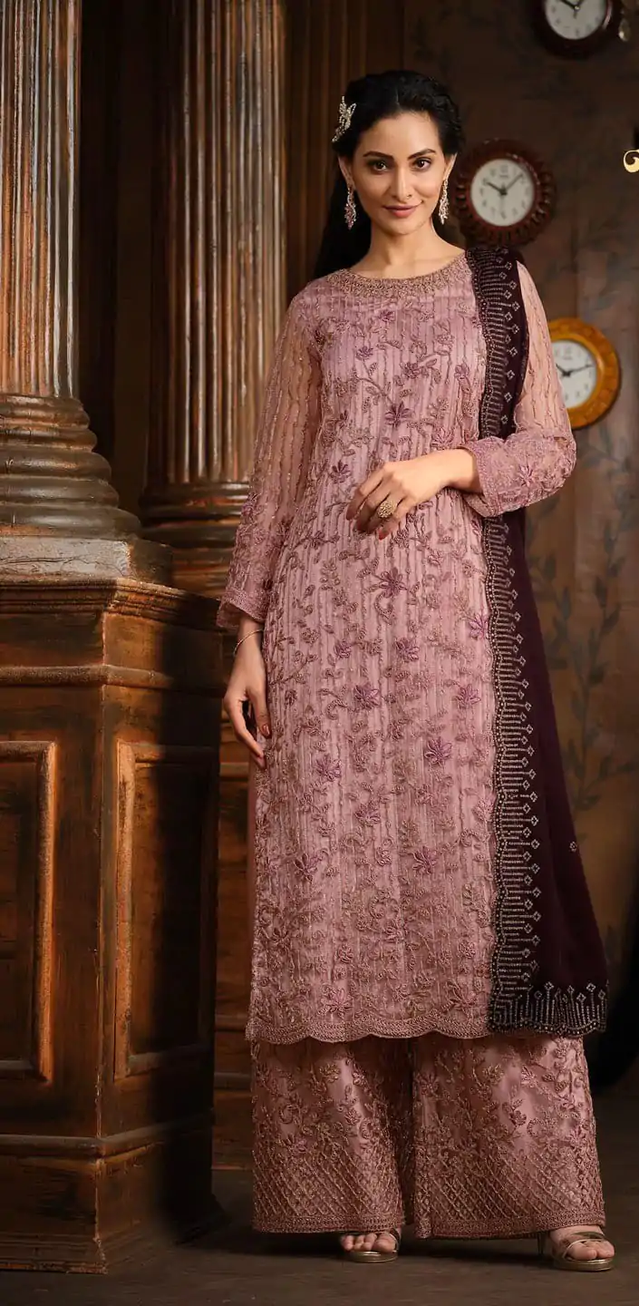 Superb Purple Heavy Net Coding Sequence Embroidery Salwar Suit