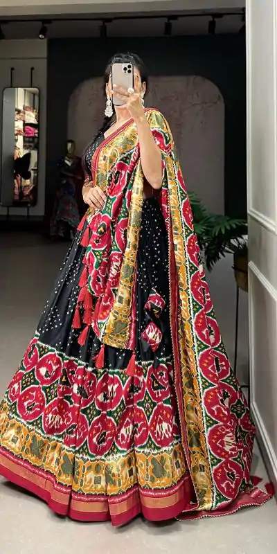 LNB 1684 Black Color Tussar Silk Patola Printed Lehenga Cho Festive Party Wedding, Events etc. Delivery 4-6 Working Days @2549/- | Lehenga, Bollywood Lehenga, Creative Lehenga, Designer Lehenga, Embroidered Lehenga, Party Wear Lehenga