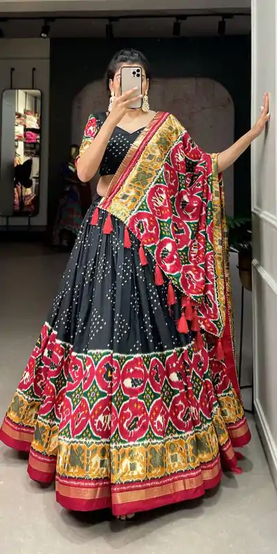 LNB 1684 Black Color Tussar Silk Patola Printed Lehenga Cho Festive Party Wedding, Events etc. Delivery 4-6 Working Days @2549/- | Lehenga, Bollywood Lehenga, Creative Lehenga, Designer Lehenga, Embroidered Lehenga, Party Wear Lehenga