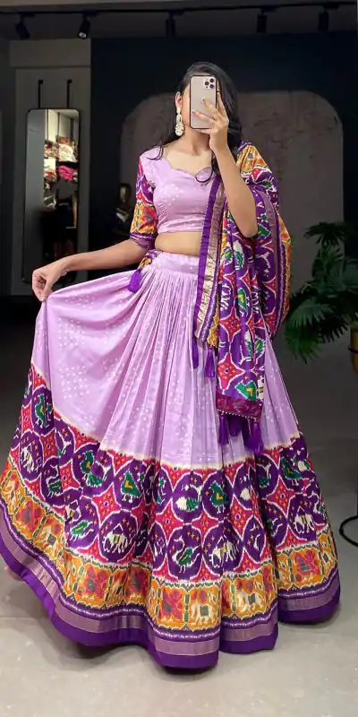 LNB 1684 Lavender Color Tussar Silk Patola Printed Lehenga Cho Festive Party Wedding, Events etc. Delivery 4-6 Working Days @2549/- | Lehenga, Bollywood Lehenga, Creative Lehenga, Designer Lehenga, Embroidered Lehenga, Party Wear Lehenga