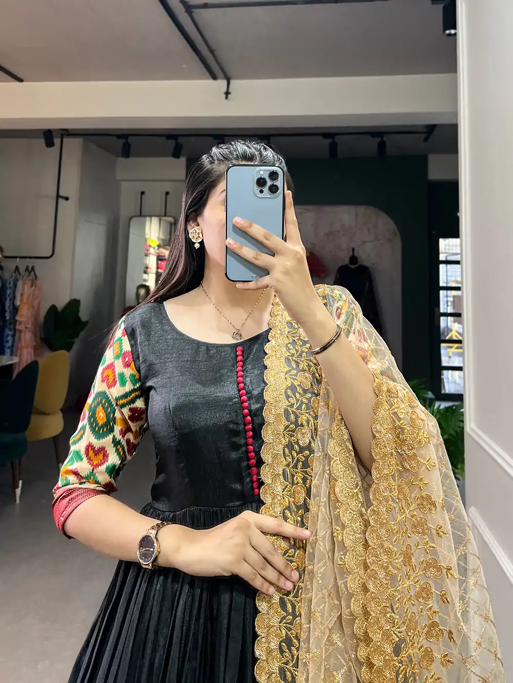 Aesthetic Black Color Dola Silk Printed Foil Work Gown