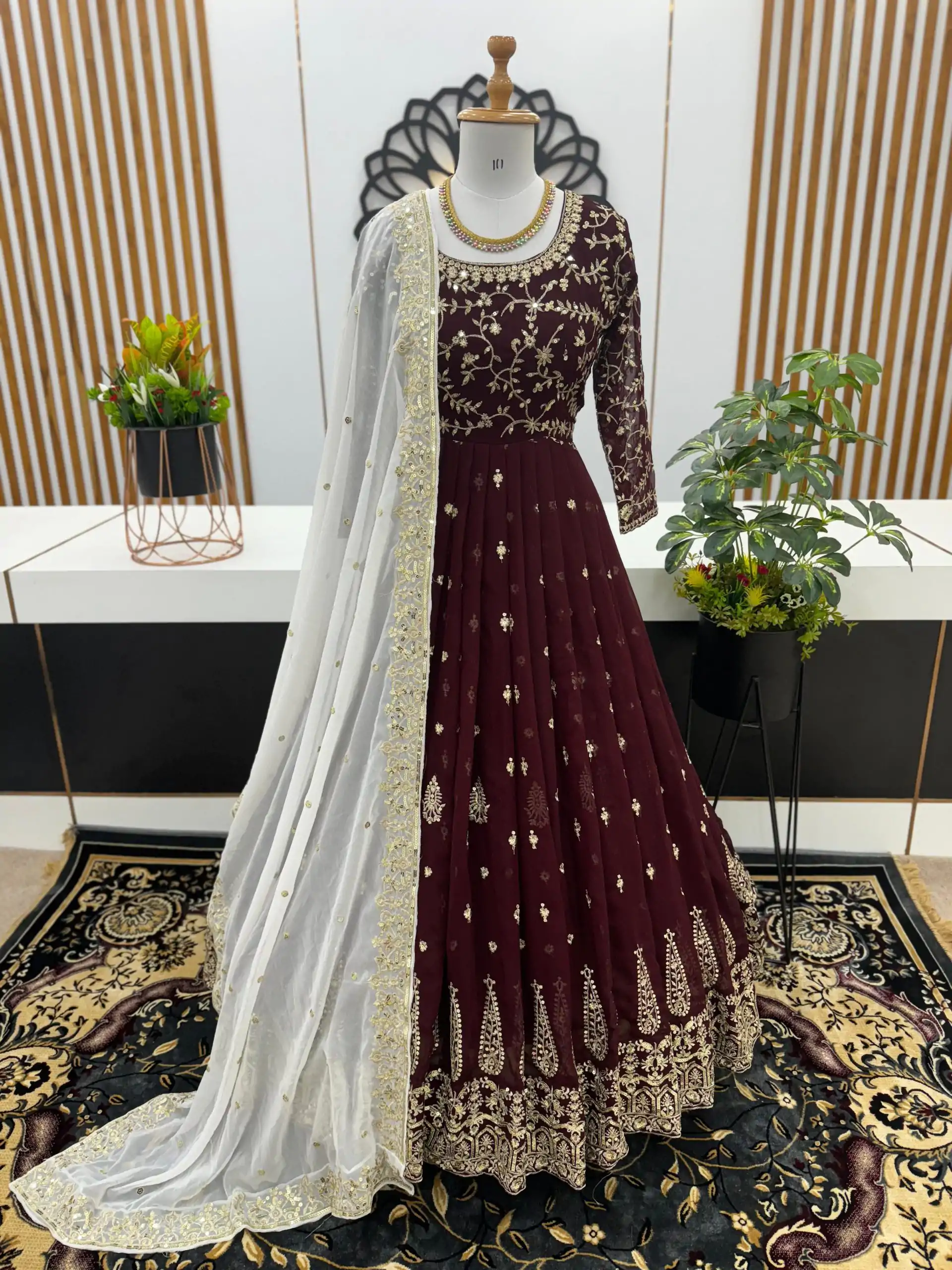 Aglow Maroon Color Georgette Embroidery Sequence Gown