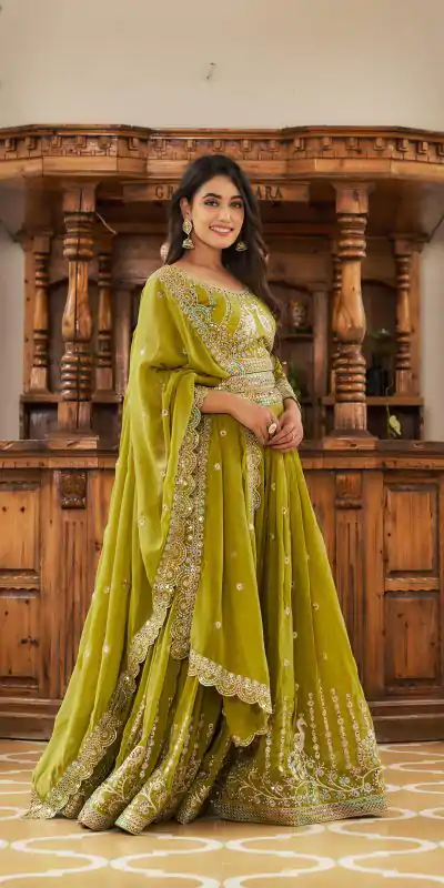 Aglow Pista Color Georgette Multi Sequence Work Lehenga Choli