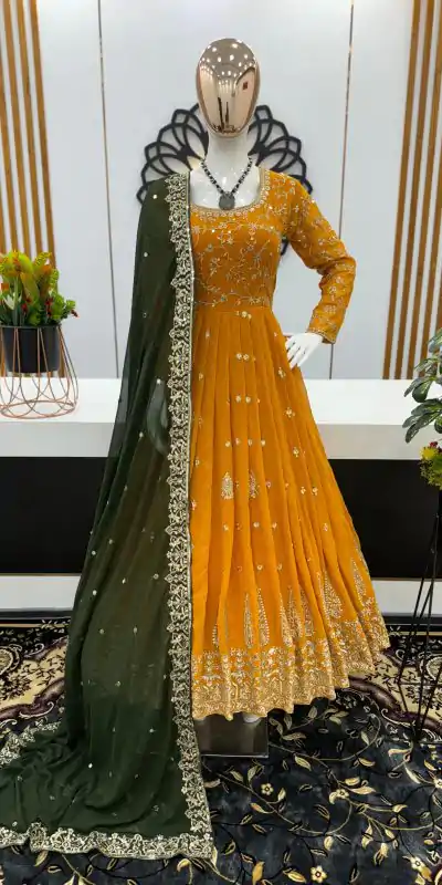 Aglow Yellow Color Georgette Embroidery Sequence Gown
