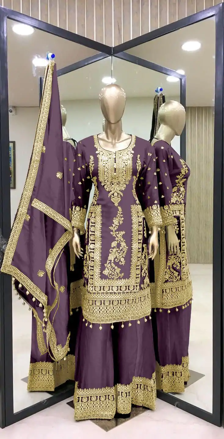 Fancy Light Purple Chinnon Silk Embroidery Coding Salwar Suit