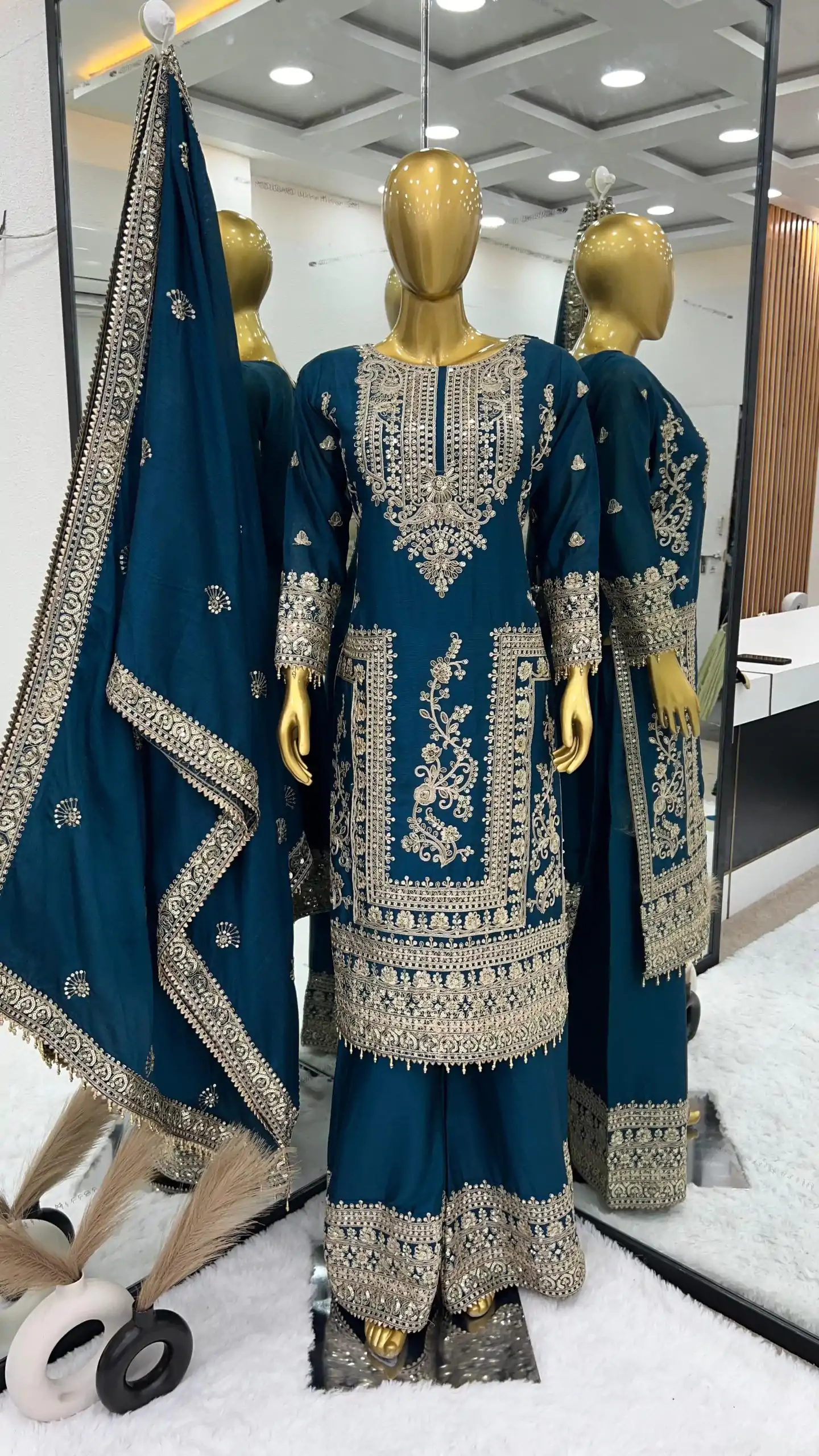 Fancy Royal Blue Chinnon Silk Embroidery Coding Dori Salwar Suit