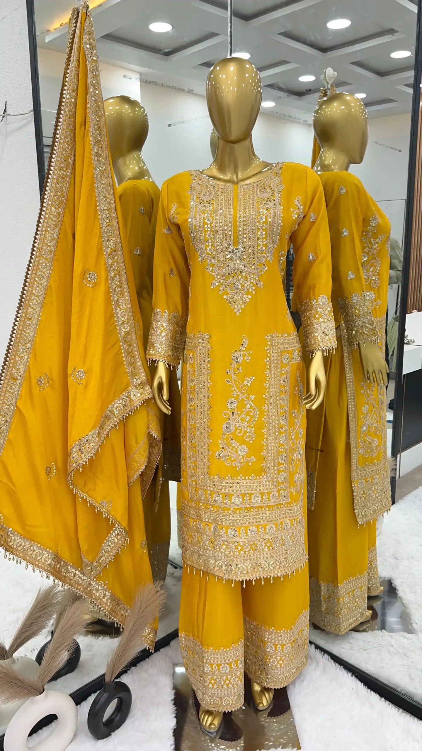Fancy Yellow Chinnon Silk Embroidery Coding Dori Salwar Suit