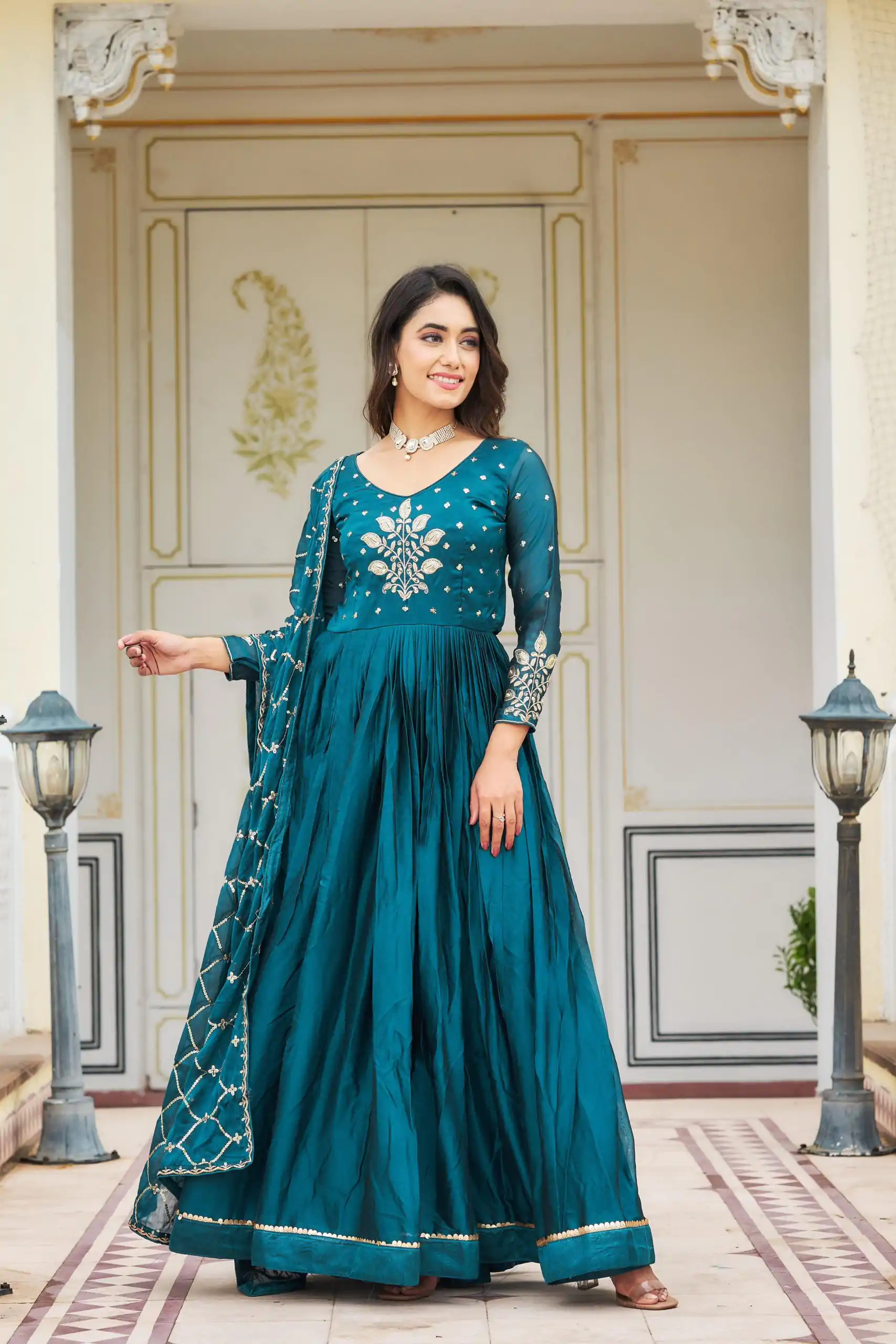 Majestic Blue Color Rangoli Sequence Embroidery Gown