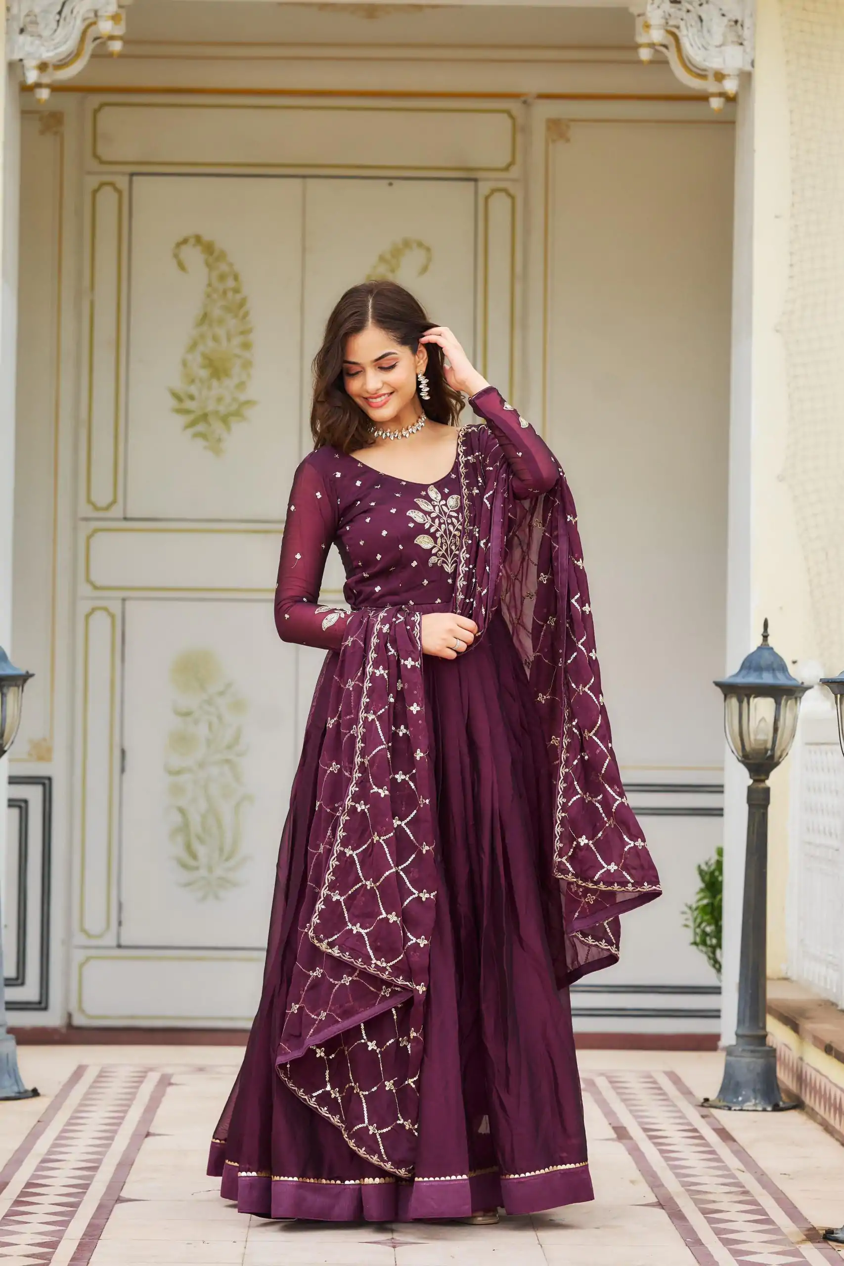 Majestic Purple Color Rangoli Sequence Embroidery Gown
