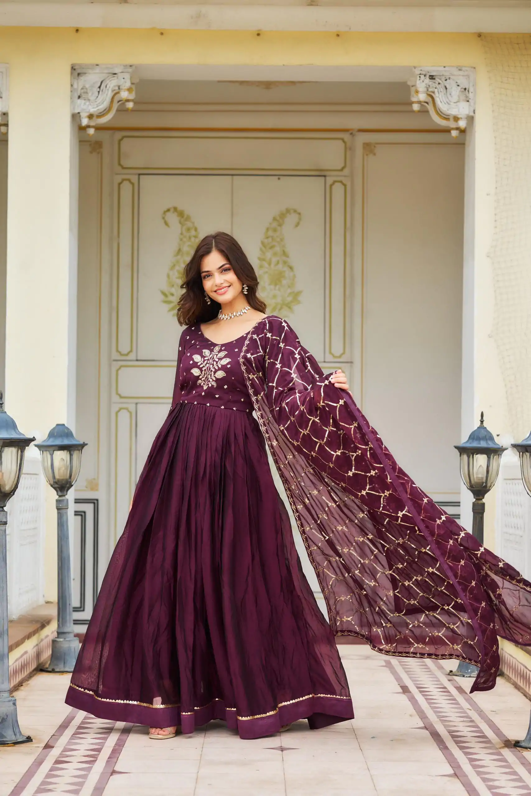 Majestic Purple Color Rangoli Sequence Embroidery Gown