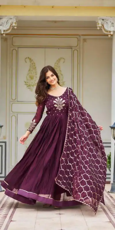 Majestic Purple Color Rangoli Sequence Embroidery Gown