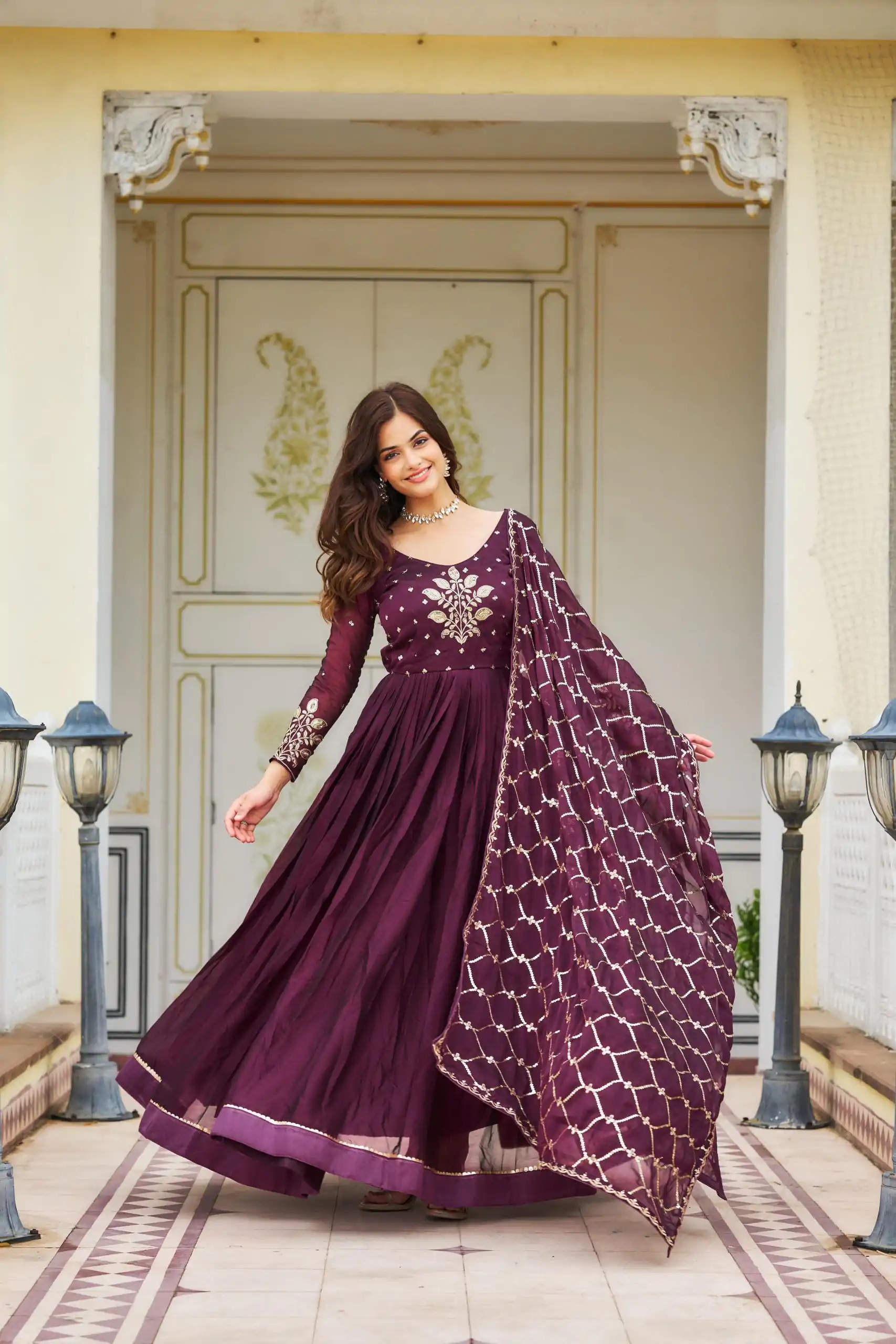 Majestic Purple Color Rangoli Sequence Embroidery Gown