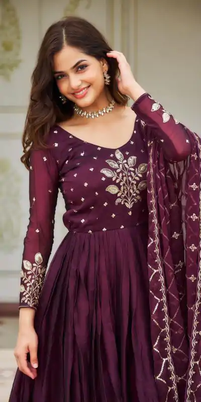 Majestic Purple Color Rangoli Sequence Embroidery Gown
