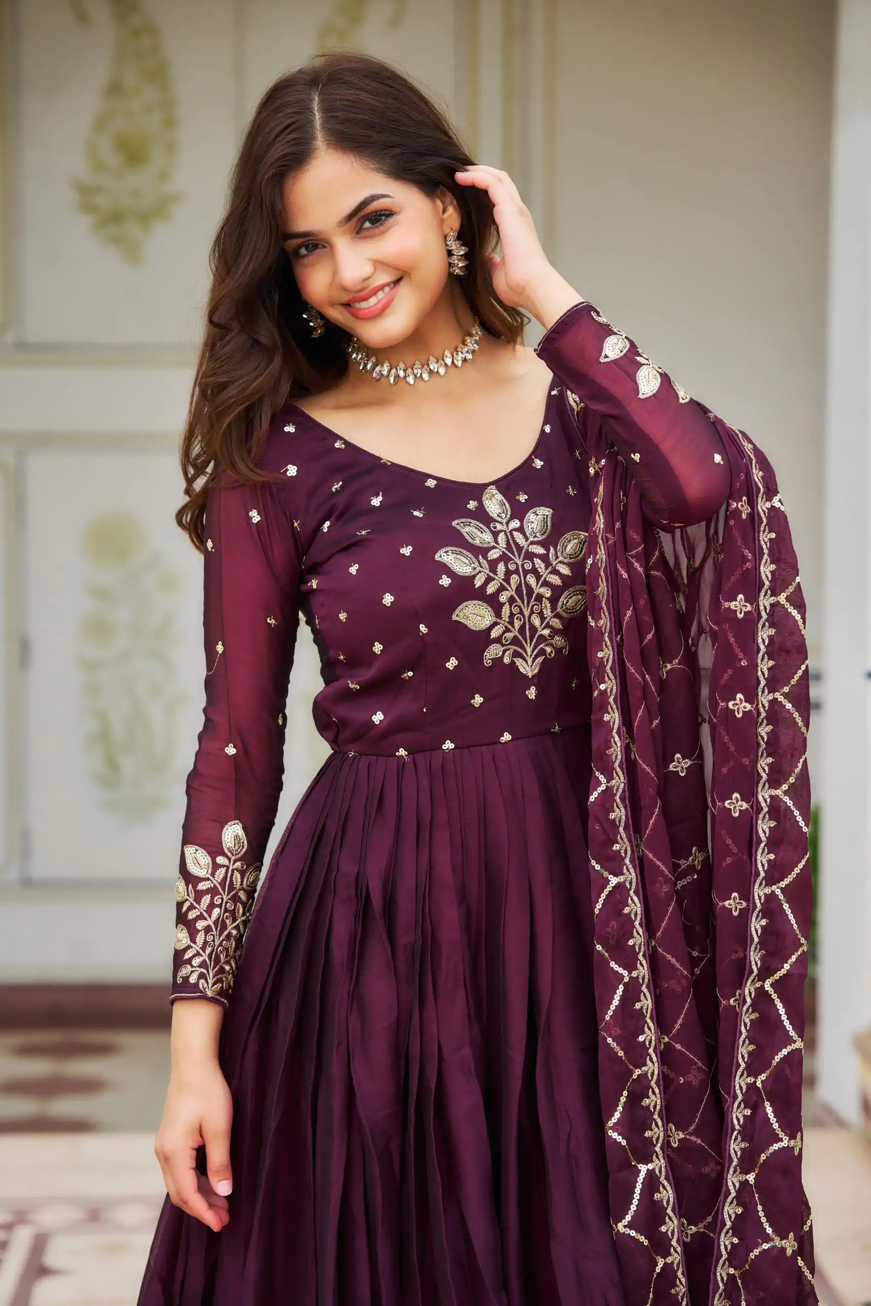 Majestic Purple Color Rangoli Sequence Embroidery Gown