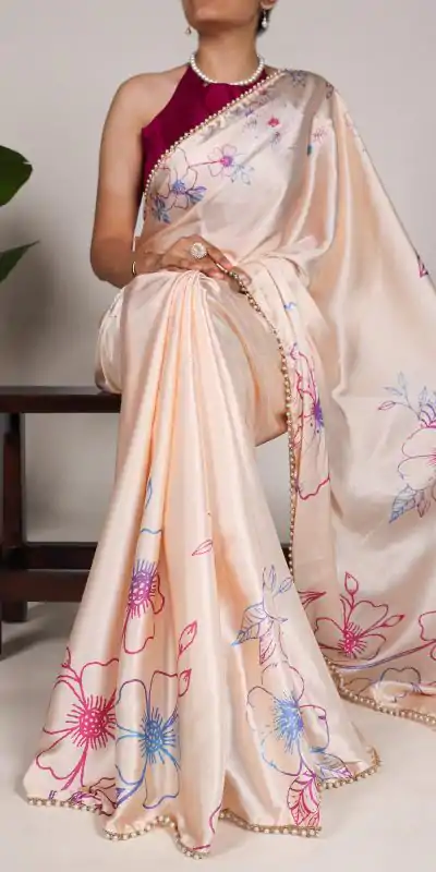 YNF 7028 Cream Color Satin Silk Floral Printed Lace Border Work Saree Casual Party Wear, Wedding, Events Etc. Expected Delivery 4-6 Working Days @1599/- | Sarees, Bollywood Sarees, Creative Sarees, Designer Sarees, Embroidered Sarees, Ethnic Saree, Modern Digital sarees, Party Wear Sarees
